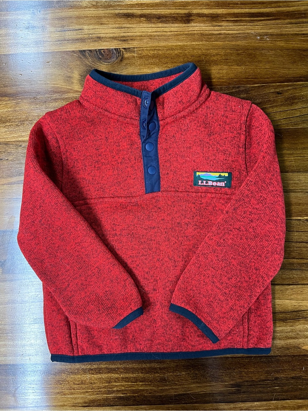 L.L. Bean Red Kids Fleece Snap-Placket Pullover with Navy Trim